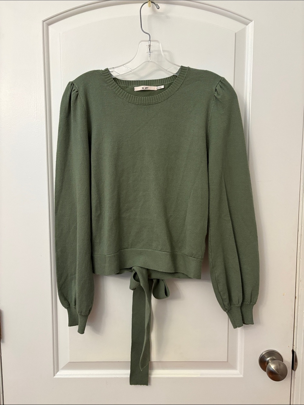 Mi Amore Olive Green Puff-Sleeve Tie-Back Sweater
